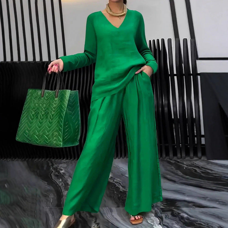 Women's Fine V-Neck Knit Sweater with Flowing Palazzo Pants Mune Fashion