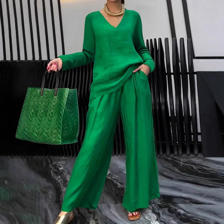 Women's Fine V-Neck Knit Sweater with Flowing Palazzo Pants Mune Fashion