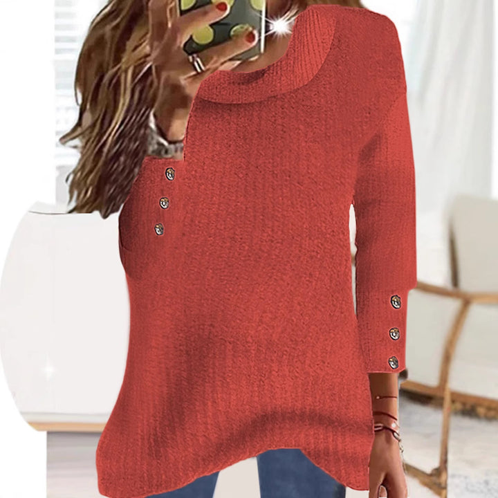 Ladies Loose Fine Knit Sweater with Round Neck and Decorative Button Placket on the Sleeves Mune Fashion