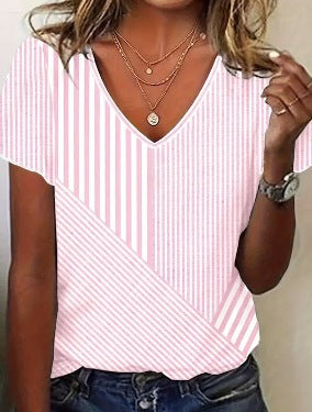 Women striped V-neck blouse with asymmetrical stripe mix and short sleeves Mune Fashion