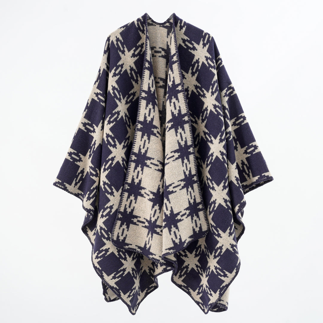 Women's Oversized Jacquard Cape with Star Motif and Contrasting Overlock Edge Mune Fashion
