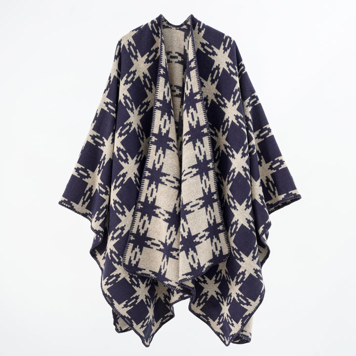 Women's Oversized Jacquard Cape with Star Motif and Contrasting Overlock Edge Mune Fashion