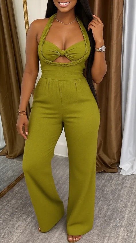 Women's tailored halter playsuit with braided straps, knotted bustier and wide leg pants Mune Fashion