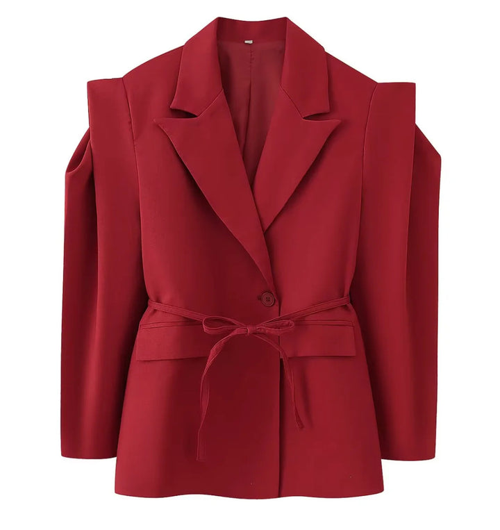Women's blazer with shoulder cutouts, belted waist and single button closure Mune Fashion