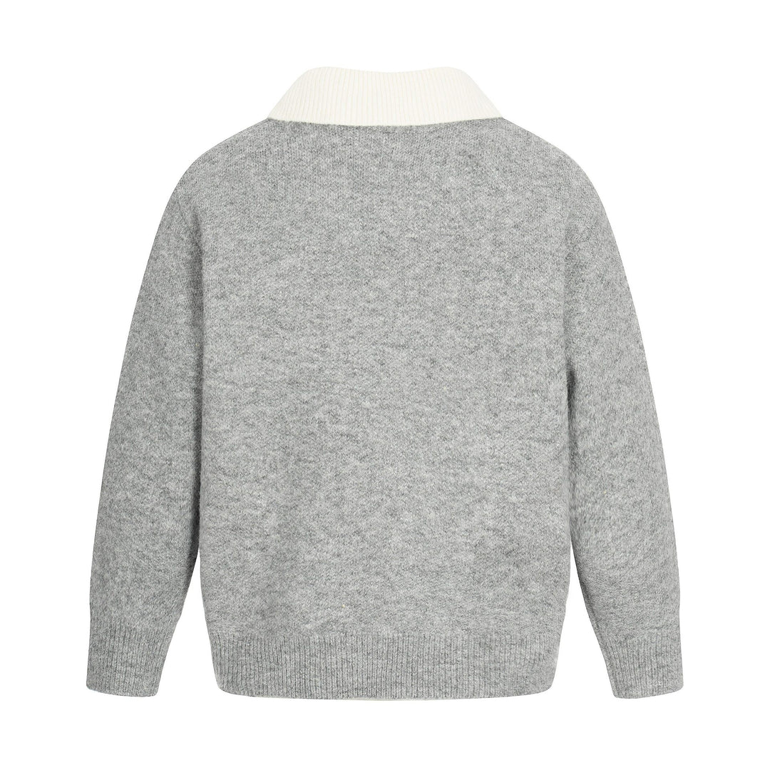 Women Oversize Wool Blend Sweater with Contrast Polo Collar and V-Neck Mune Fashion