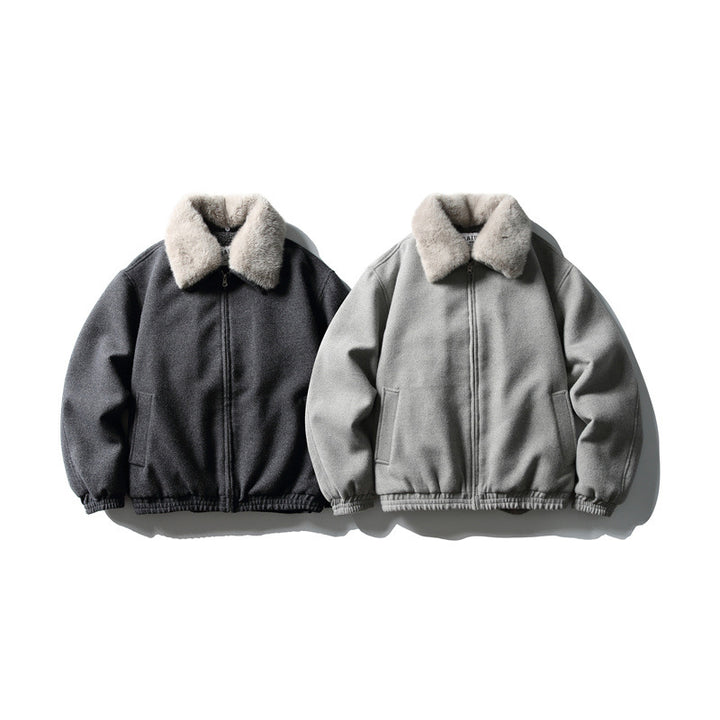 Men's Short Boxy Wool Blend Pilot Jacket with Faux Fur Collar and Elastic Hem Mune Fashion