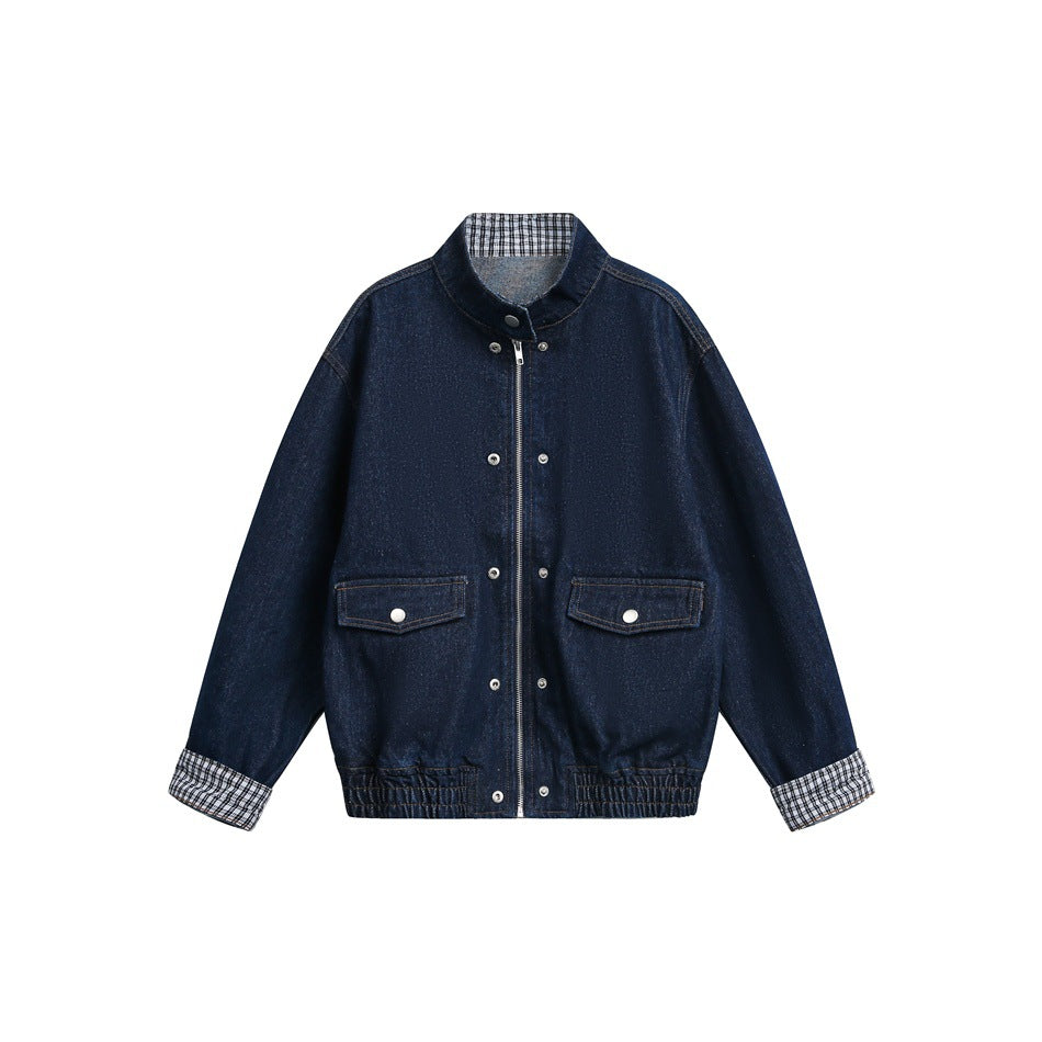 Unisex Boxy Denim Jacket with Check Lining, Stand-Up Collar and Flap Pockets Mune Fashion