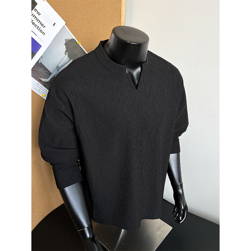 Men's finely structured long sleeve shirt with stand-up collar and V-insert Mune Fashion