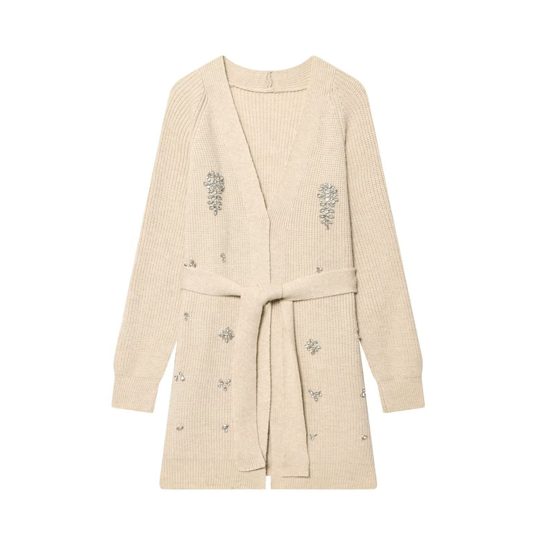 Women's long cardigan with tie belt and gemstone appliqué Mune Fashion