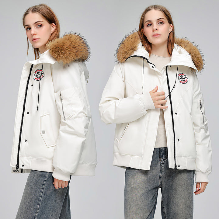 Women's short bomber-style parka jacket with removable fur hood and logo patch Mune Fashion