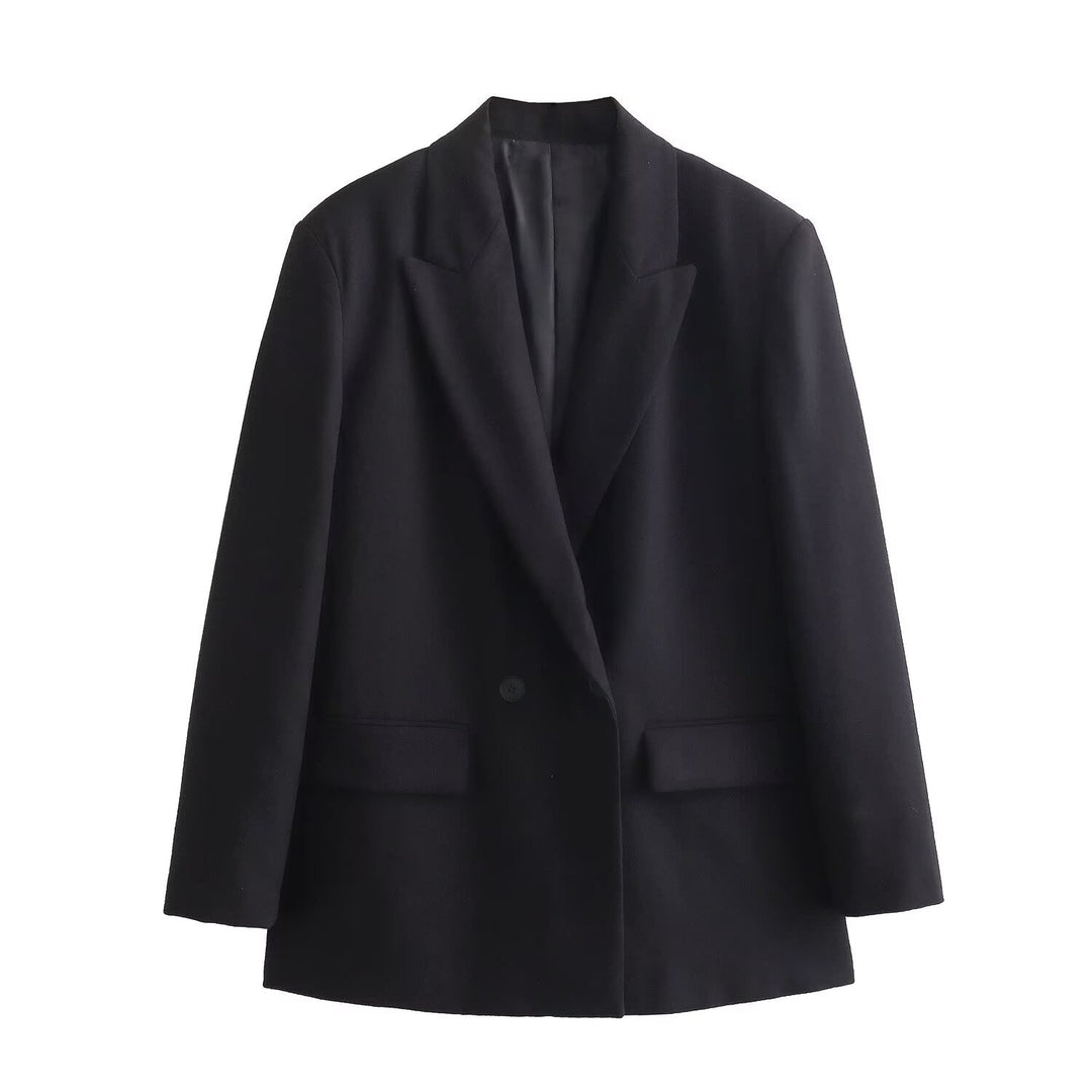 Women's Double-Breasted Blazer with Lapel Collar, Longer Oversized Cut and Flap Pockets Mune Fashion