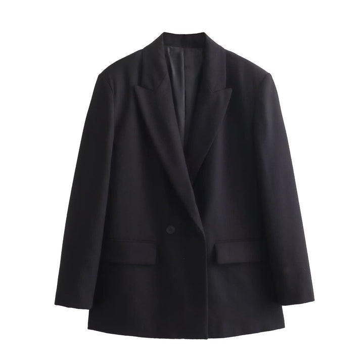 Women's Double-Breasted Blazer with Lapel Collar, Longer Oversized Cut and Flap Pockets Mune Fashion