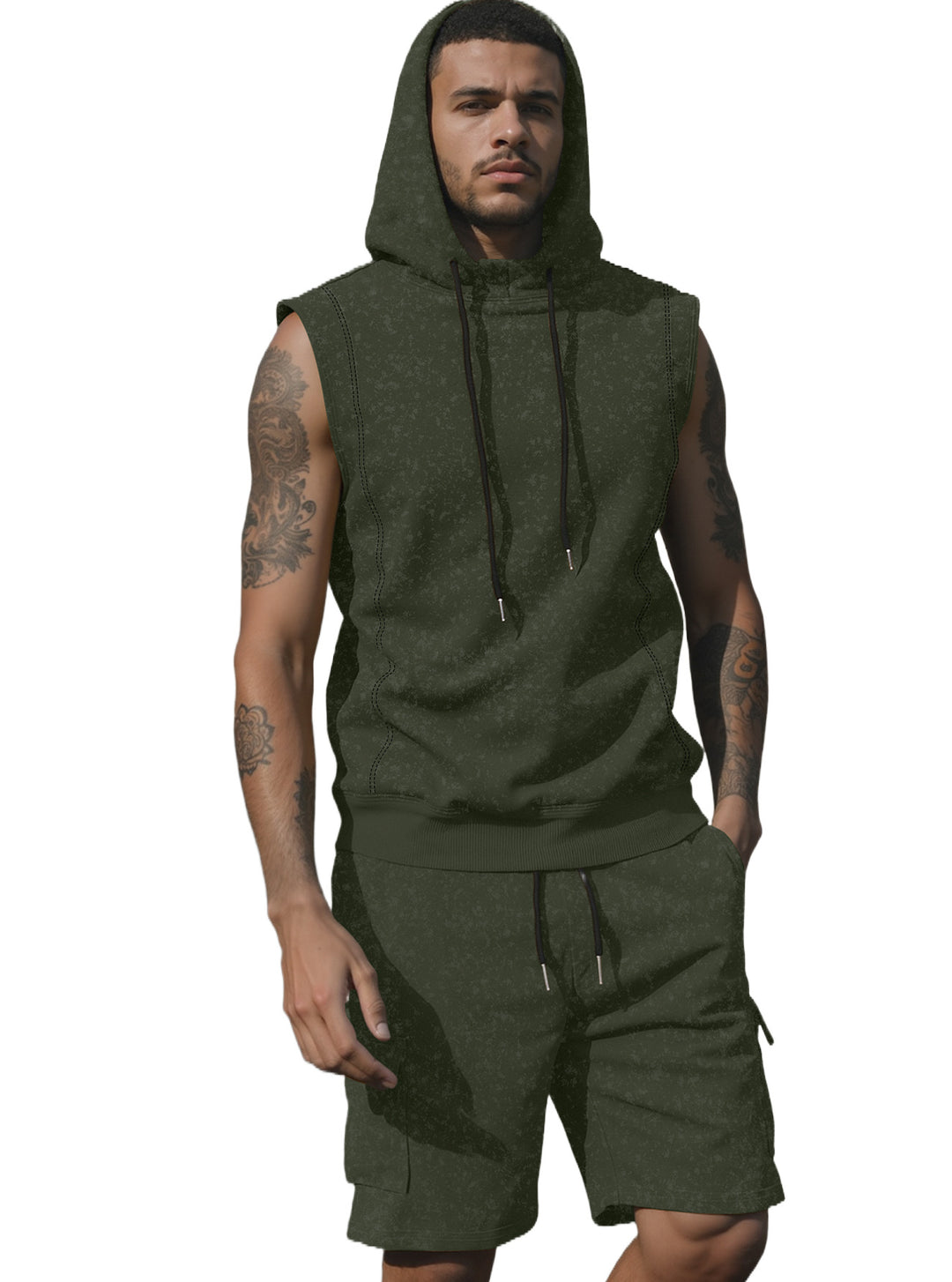 Men's Hooded Muscle Shirt Set with Functional Cargo Bermuda Mune Fashion
