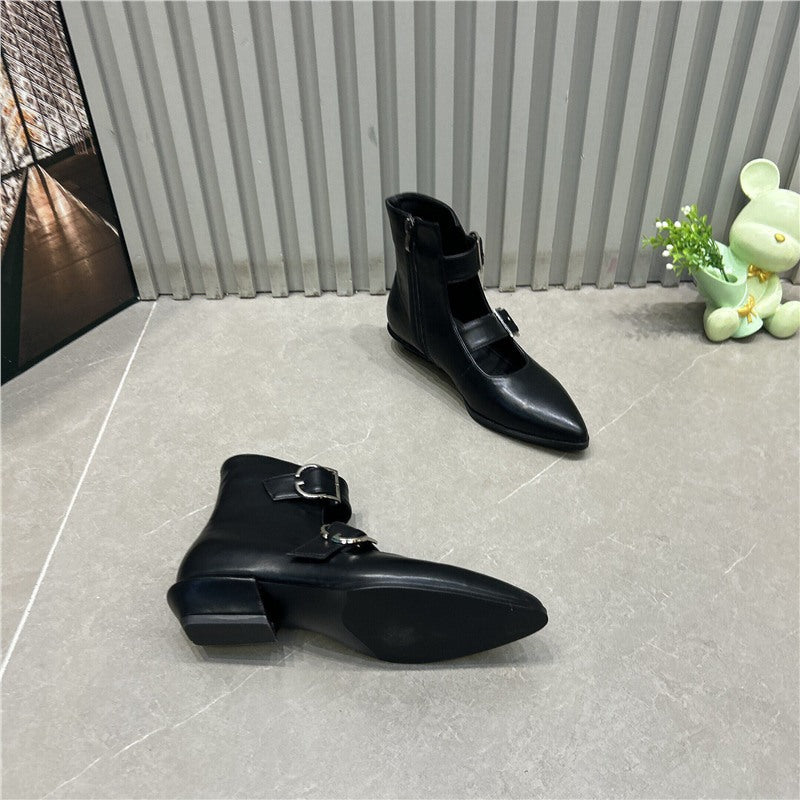 Women’s pointed toe ankle boots with double straps, buckles and low block heel Mune Fashion