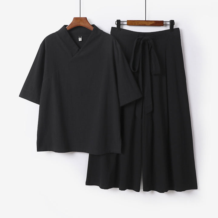 Women's Loose Kimono Loungewear Set with V-Neck and Culotte Pants Mune Fashion