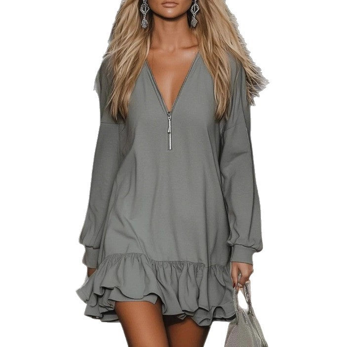 Women V-neck dress with zipper, long sleeves and double ruffle hem Mune Fashion