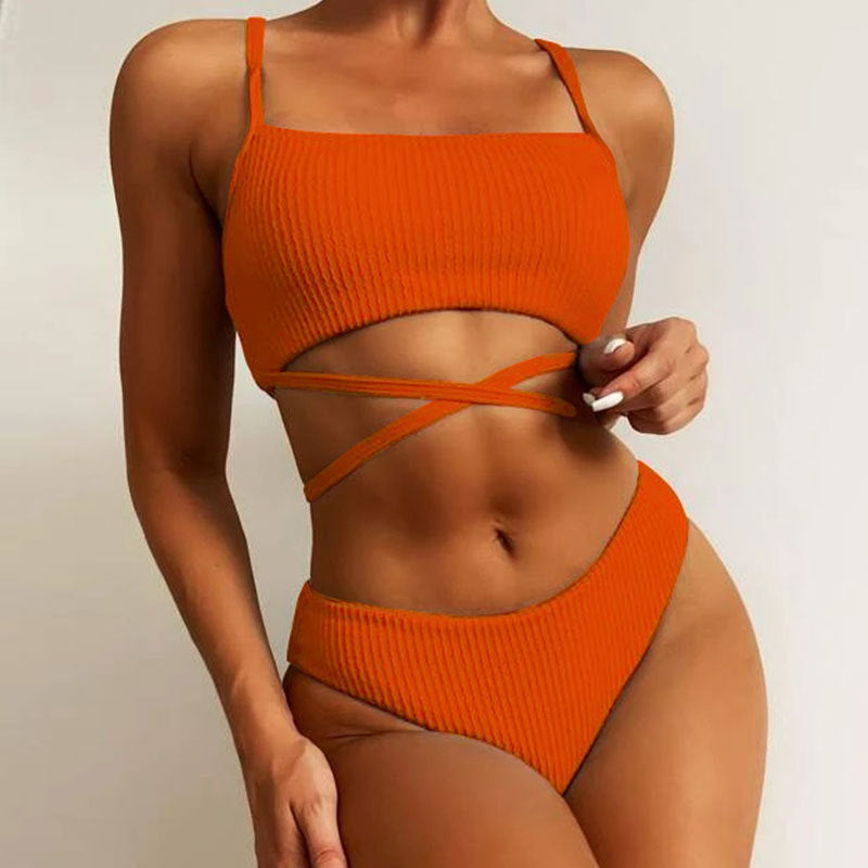 Ladies High-Cut Rib Bikini with Cross Details Mune Fashion