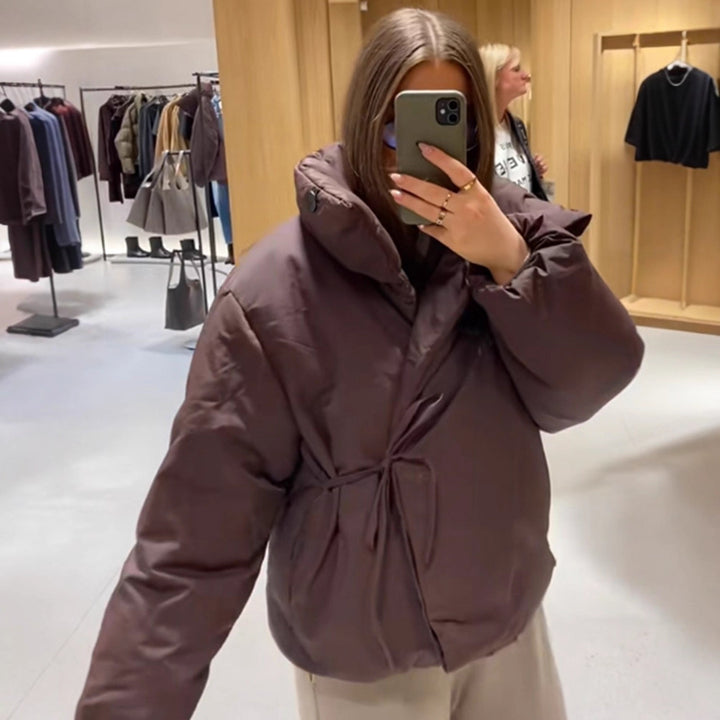 Women Short Padded Oversized Puffer Jacket with Hood and Tie Belt Mune Fashion