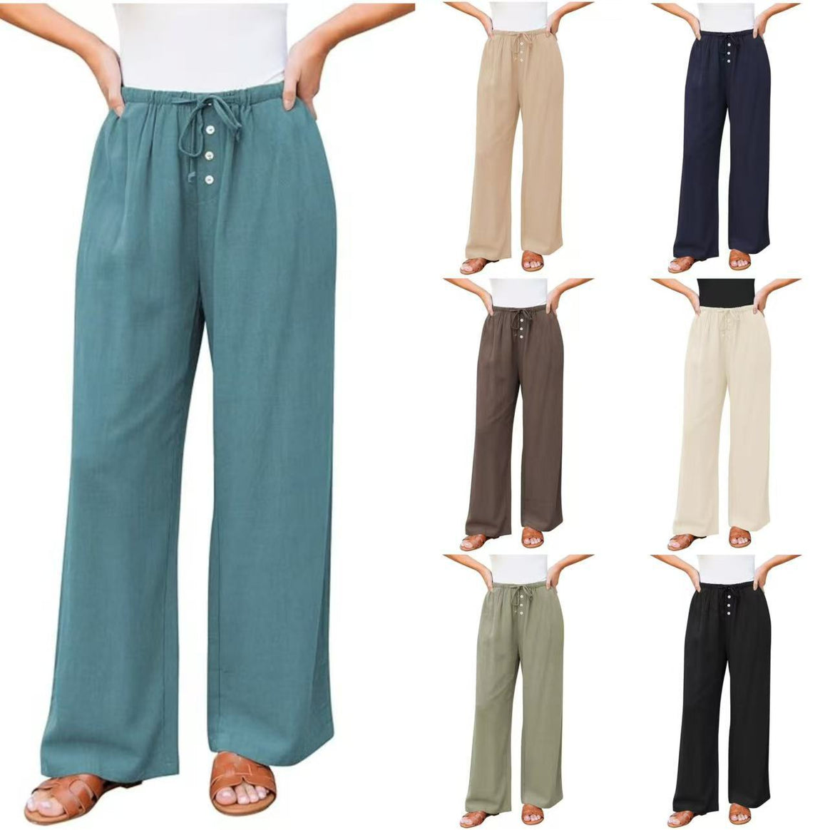 Women's wide linen pants with elastic waistband, drawstring and button placket Mune Fashion