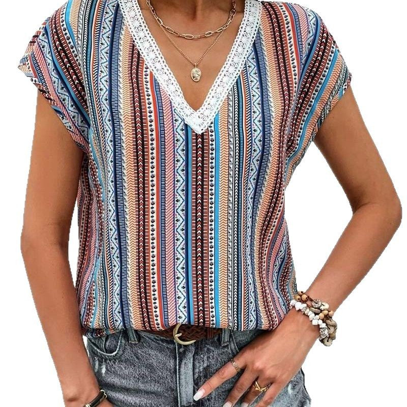 Women's light V-neck top with ethnic stripe pattern and crochet trim Mune Fashion