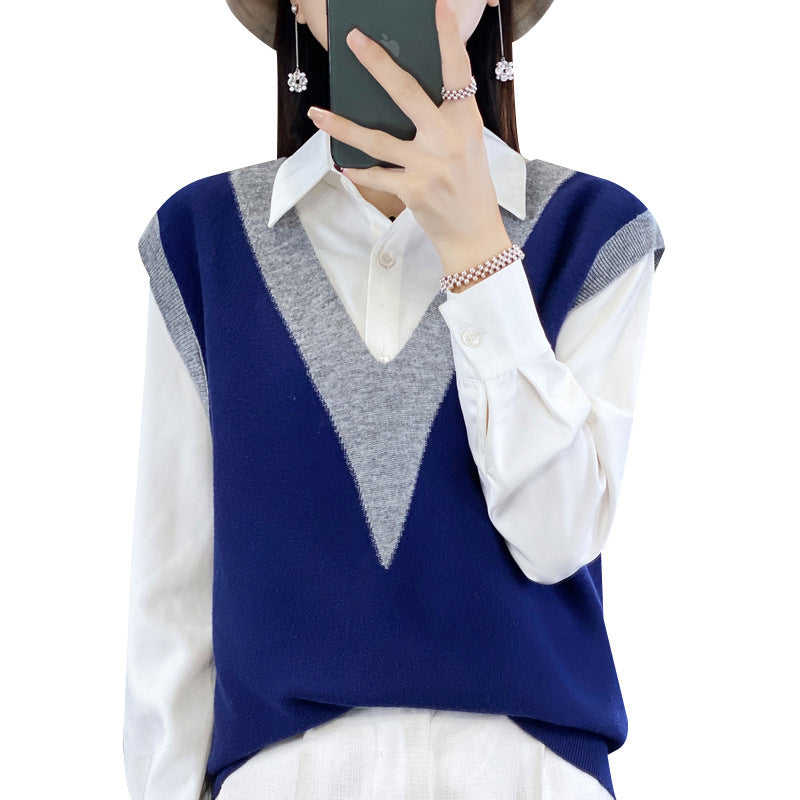 Women's Structured Fine Knit Long Vest with Deep V-Neck and Contrasting V-Panel Mune Fashion