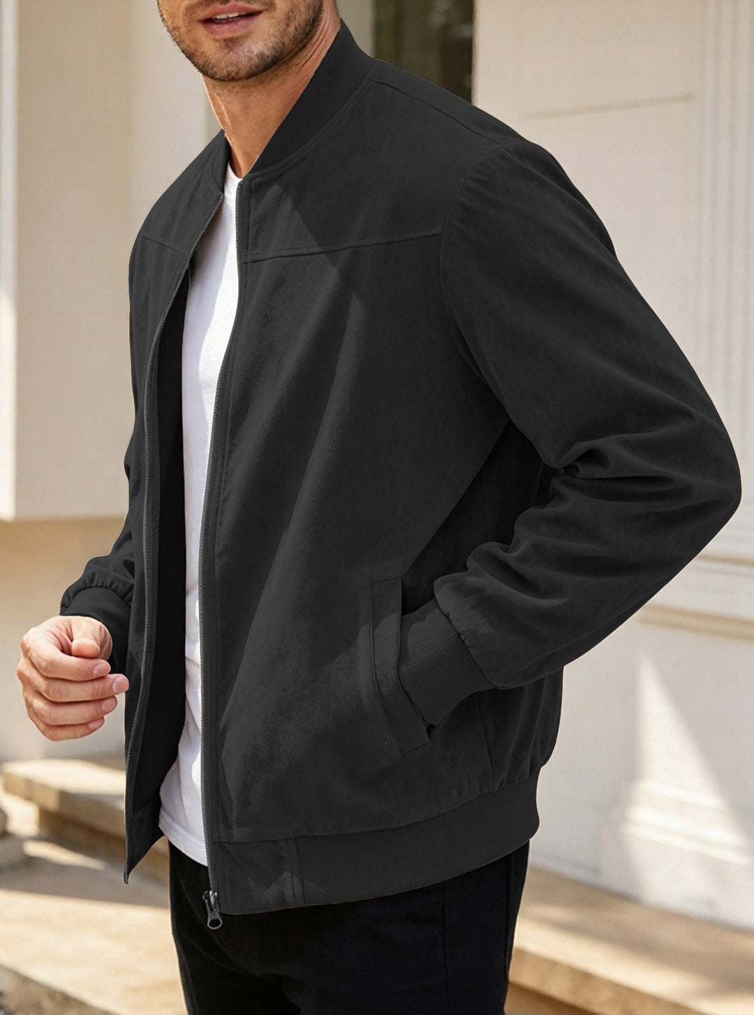Men's Lightweight Bomber Jacket in Velour Look with Zipper and Ribbed Cuffs Mune Fashion