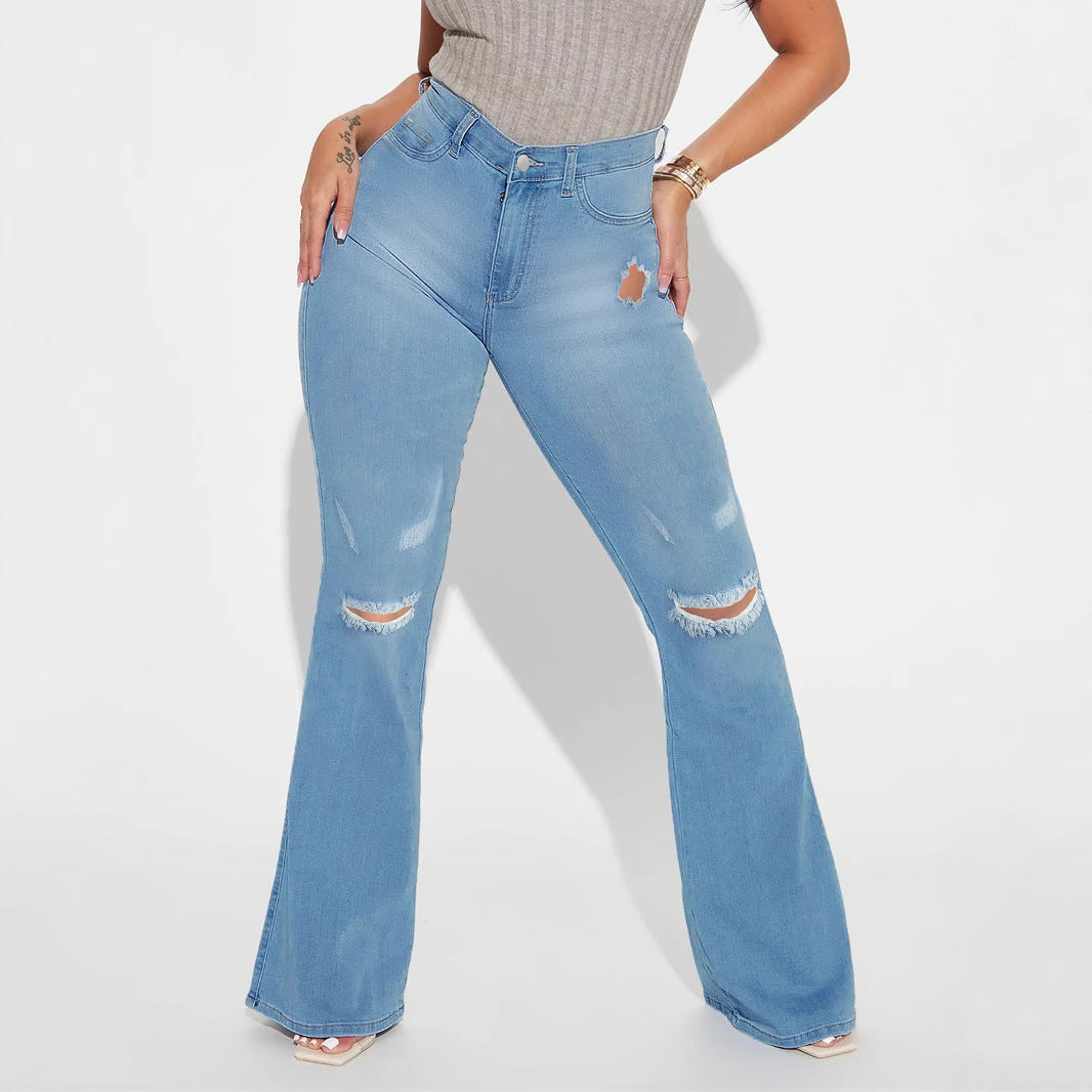 Women's High-Waist Flared Jeans with sculpting waistband and subtle knee rips Mune Fashion