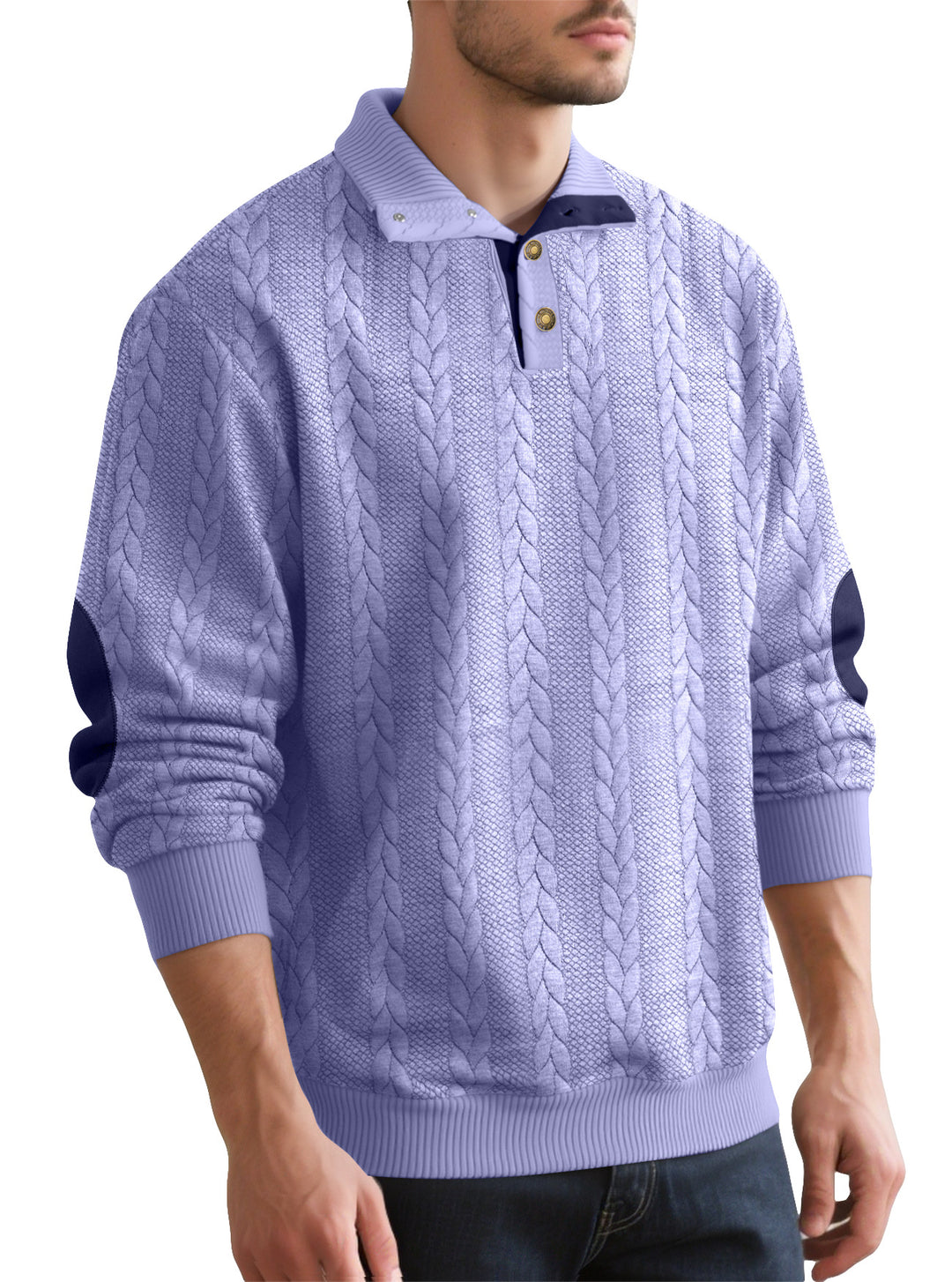 Men's Cable Knit Half Button Sweater with High Stand Collar and Suede Elbow Patches Mune Fashion