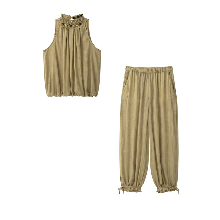 Women's Loose Crinkle Pants with Elastic Waist, Side Pockets and Tie Cuffs Mune Fashion