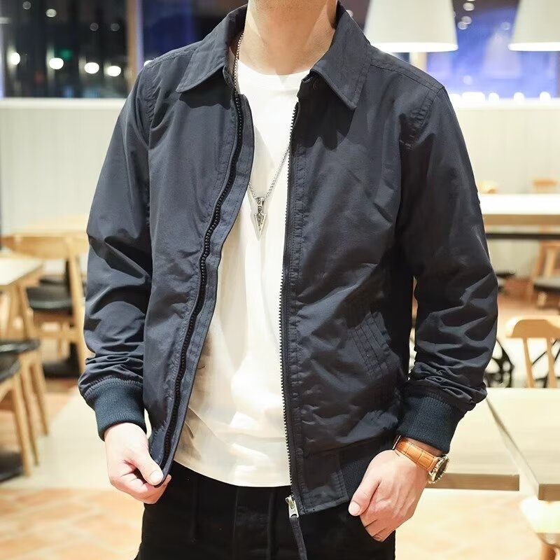 Men's Slim Harrington Jacket in Bomber Style with Shirt Collar and Ribbed Hem Mune Fashion