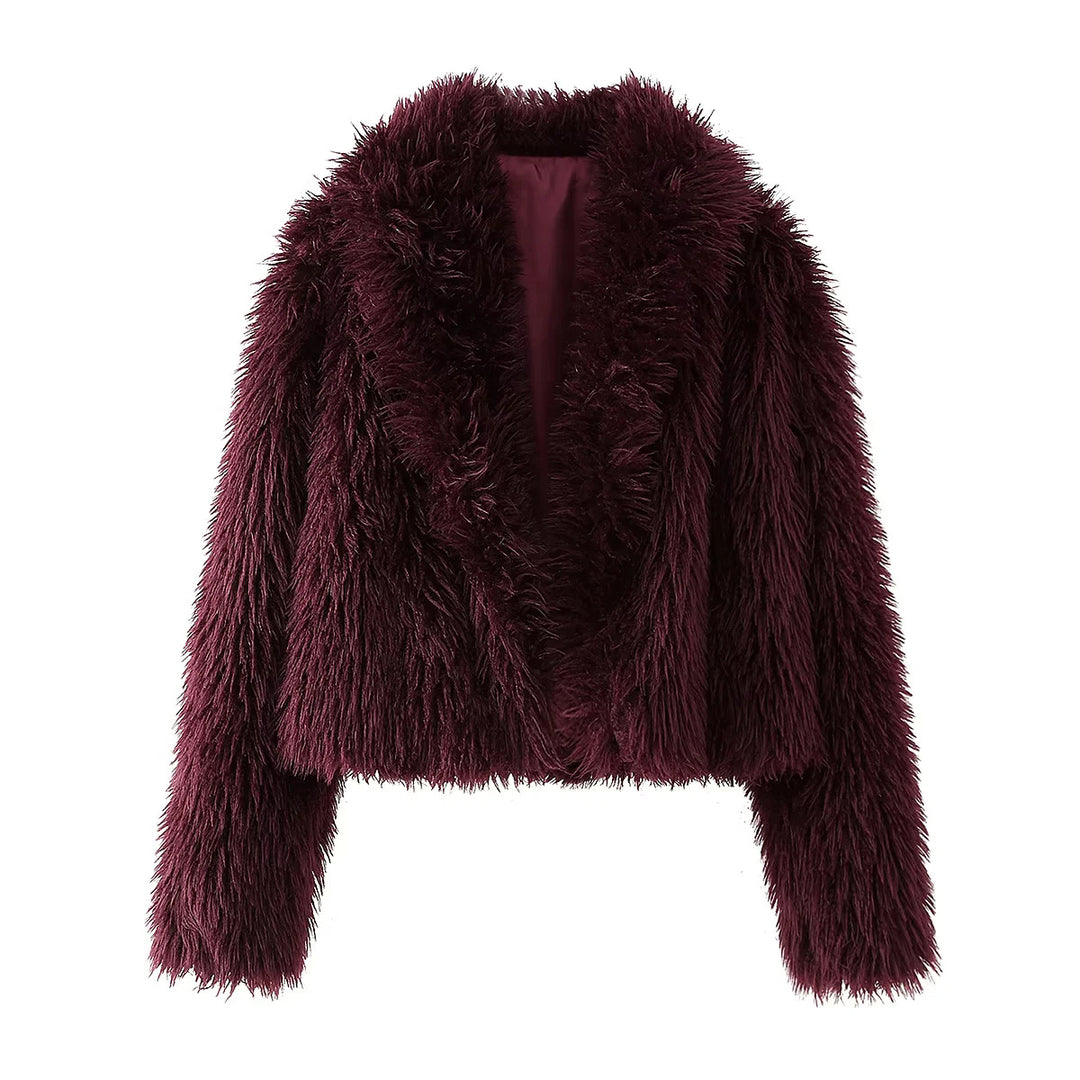 Ladies short-cut faux fur bomber jacket with full pile and shawl collar Mune Fashion