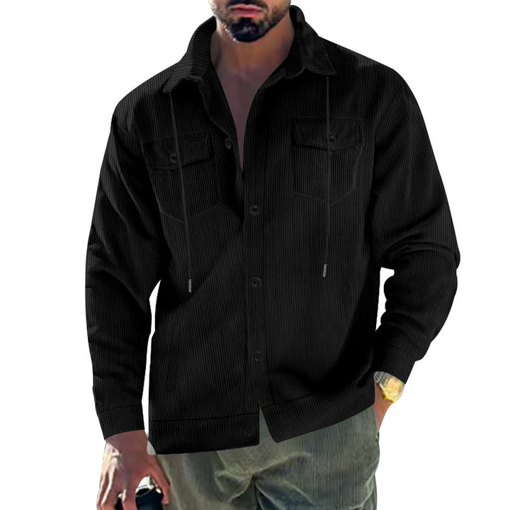 Men's cord jacket with stand-up collar, drawstring, continuous button placket, and applied chest flaps Mune Fashion