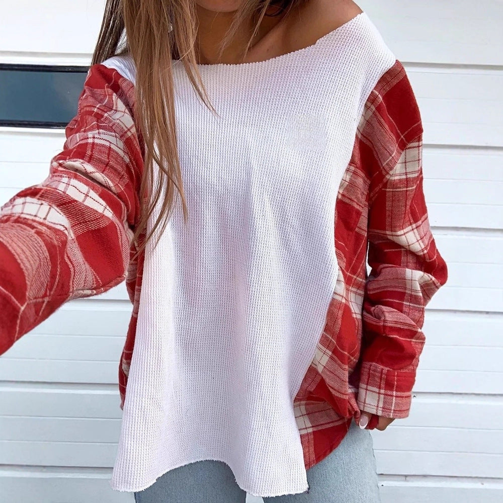 Women's oversized long-sleeve shirt in mixed material with textured waffle knit front and checkered sleeve section Mune Fashion