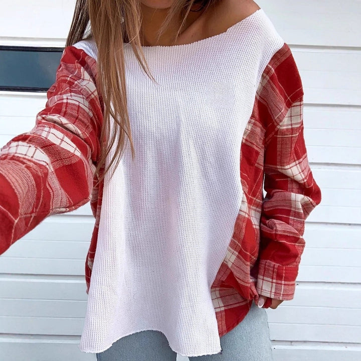 Women's oversized long-sleeve shirt in mixed material with textured waffle knit front and checkered sleeve section Mune Fashion