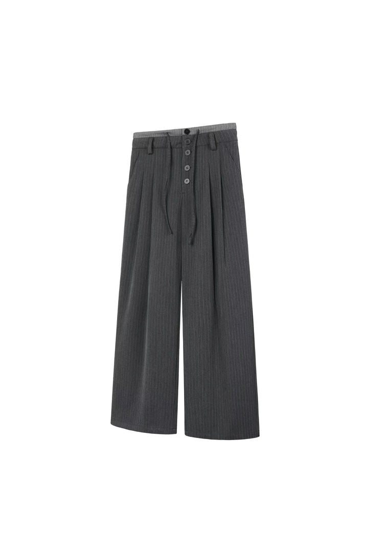 Women's High-waisted Wide Suit Pants with Pinstripes, Button Placket & Waist Drawstring Mune Fashion