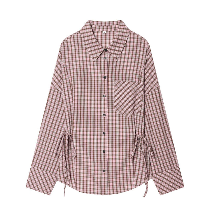 Women Checked Oversized Shirt Blouse with Side Tunnel Drawstrings and Breast Pocket Mune Fashion