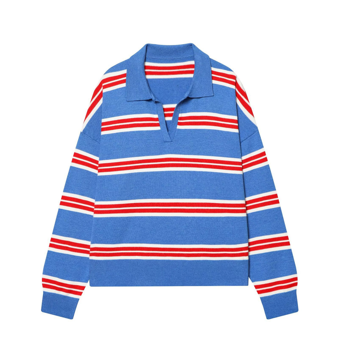 Women Oversize Cropped Rugby Sweater with Polo Collar and V-Neck Mune Fashion