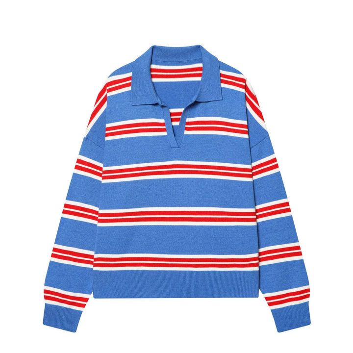 Women Oversize Cropped Rugby Sweater with Polo Collar and V-Neck Mune Fashion