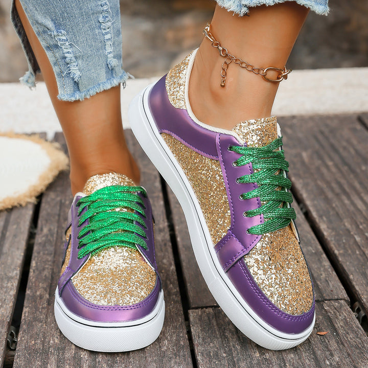 Women's fashionable platform sneakers with glitter panels, star appliqué, and padded comfort sole Mune Fashion