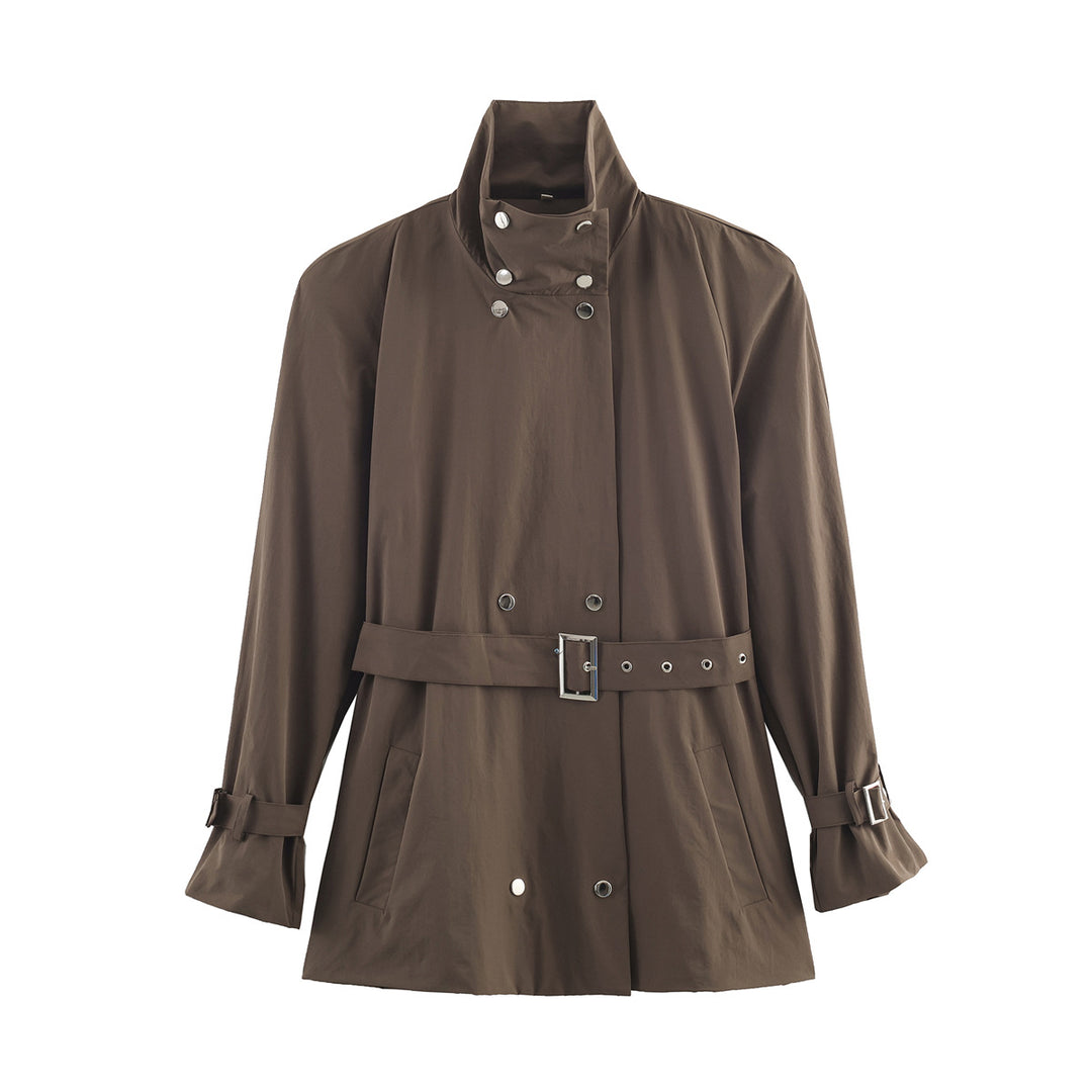 Women's short trench coat with high standing collar, double snap button placket and waist belt Mune Fashion