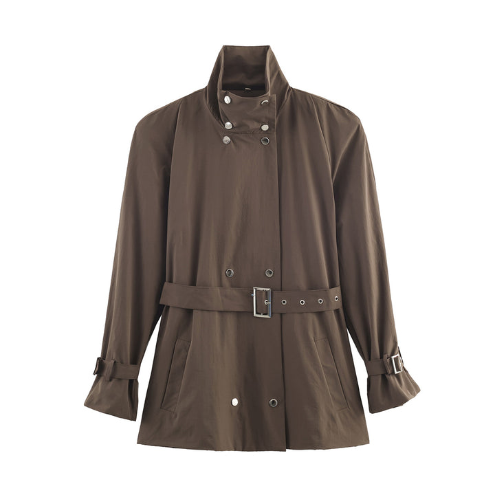 Women's short trench coat with high standing collar, double snap button placket and waist belt Mune Fashion