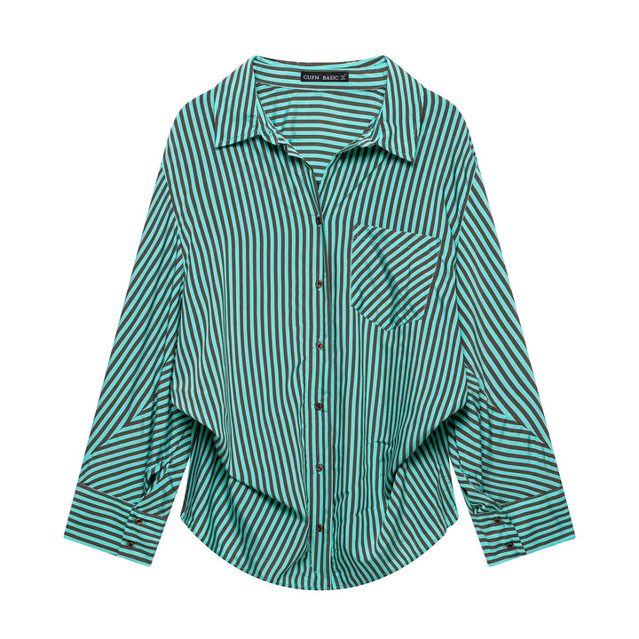 Women's Striped Oversized Shirt Blouse with Chest Pocket and Wide Cuffs Mune Fashion