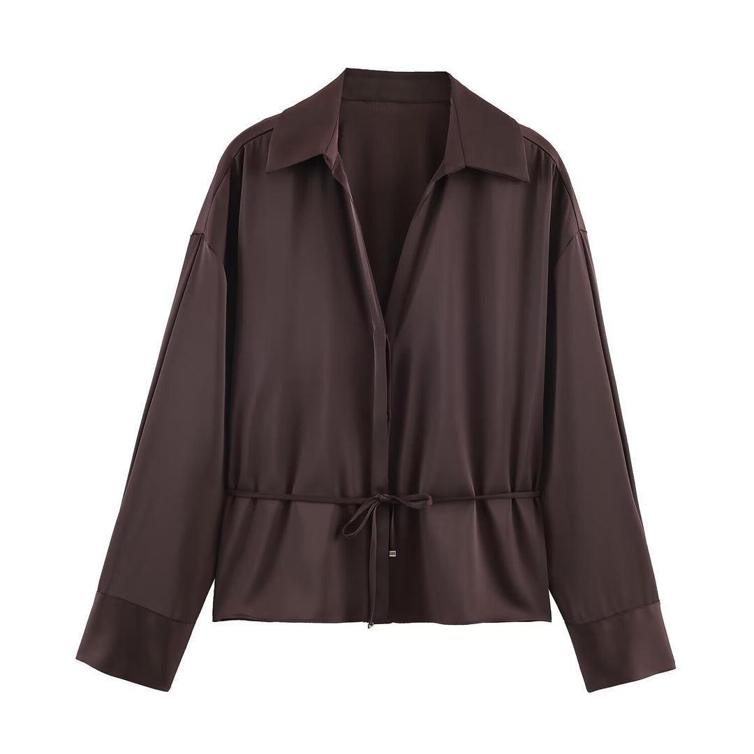 Women's satin blouse with drawstring waist, wide shirt collar, and wide cuffs Mune Fashion