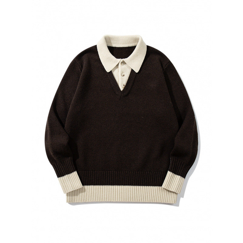 Men's Oversized Fine Knit Polo with Contrast Trim Shirt Collar and Ribbed Cuffs Mune Fashion