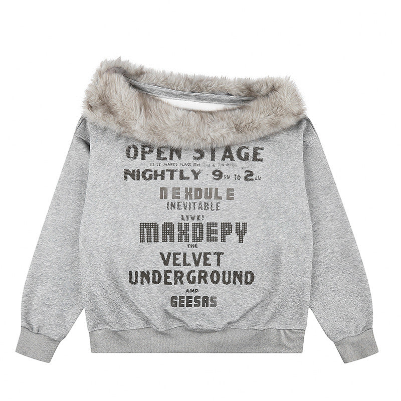 Women's oversized sweatshirt with faux fur collar, soft inner lining and typographic statement print Mune Fashion