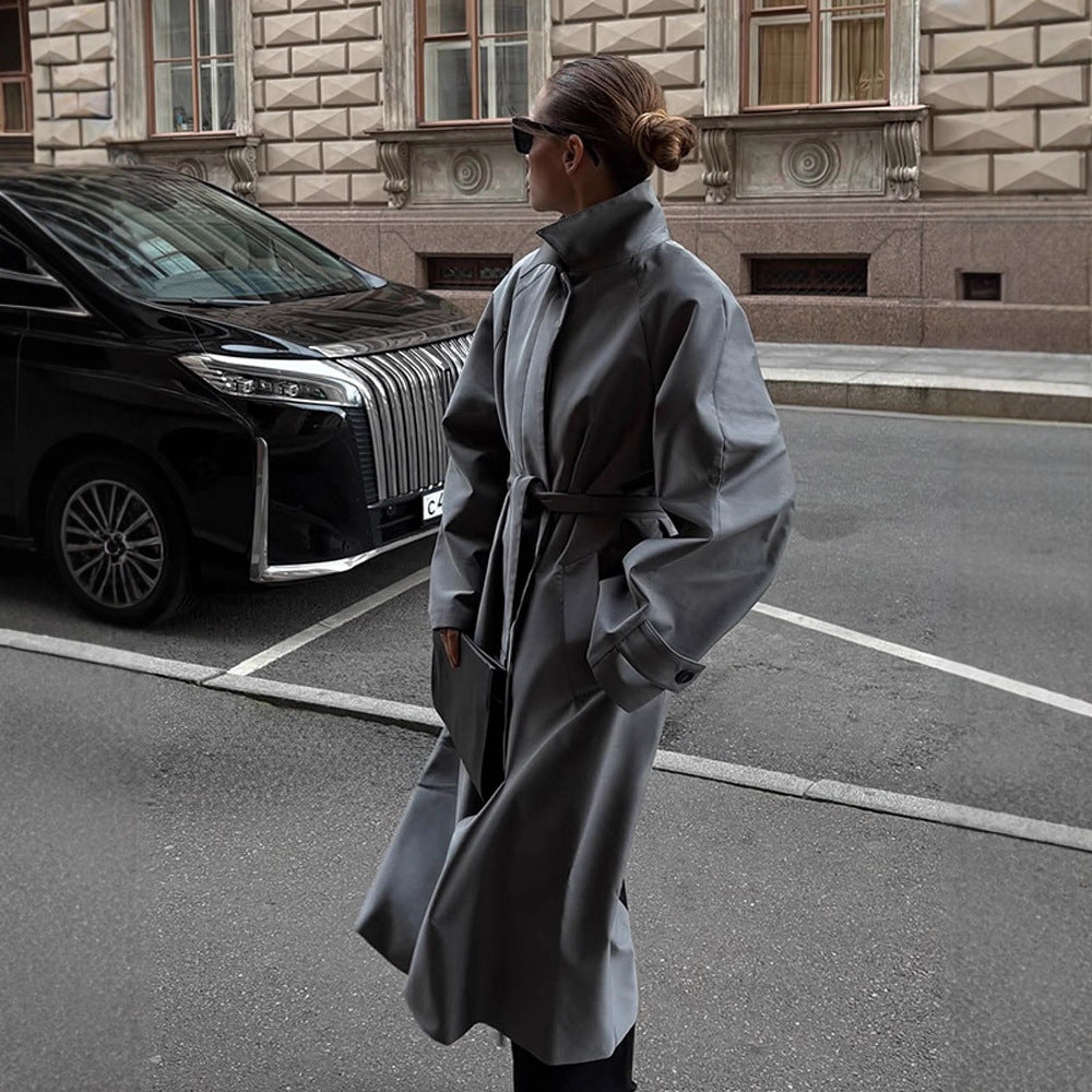 Women's Oversize Trench Coat with High Stand-Up Collar, Tie Belt and Hidden Button Placket Mune Fashion