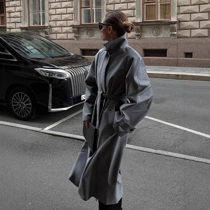 Women's Oversize Trench Coat with High Stand-Up Collar, Tie Belt and Hidden Button Placket Mune Fashion