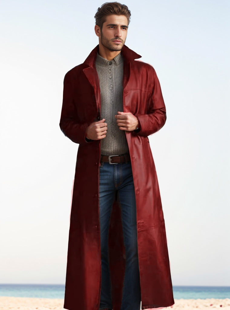 Men's Long Leather Coat in Trench Style with Slim Silhouette and Stand Collar Mune Fashion