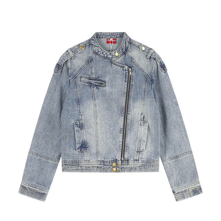 Women's asymmetrical biker-style denim jacket with stand-up collar and diagonal zipper Mune Fashion