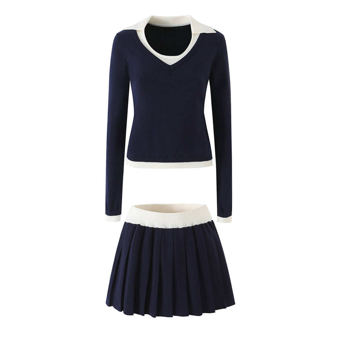 Women’s Two-Piece Fine Knit Set with V-Neck, Contrasting Collar and Pleated Mini Skirt Mune Fashion